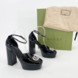 Gucci Black Patent Leather Crystal GG Double G Ankle Strap Platform Pump EU 39.5